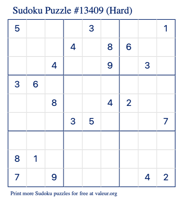 Free Printable Hard Sudoku Puzzle number 13409
