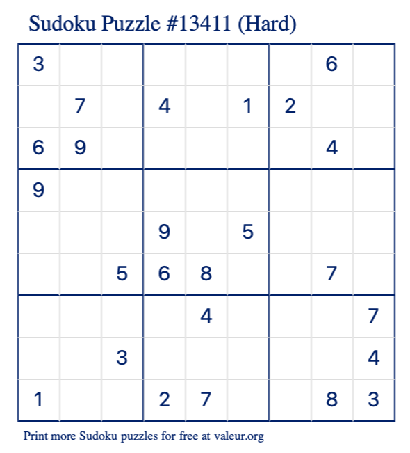 Free Printable Hard Sudoku Puzzle number 13411
