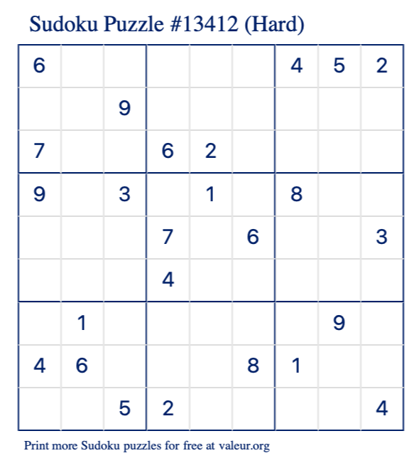 Free Printable Hard Sudoku Puzzle number 13412