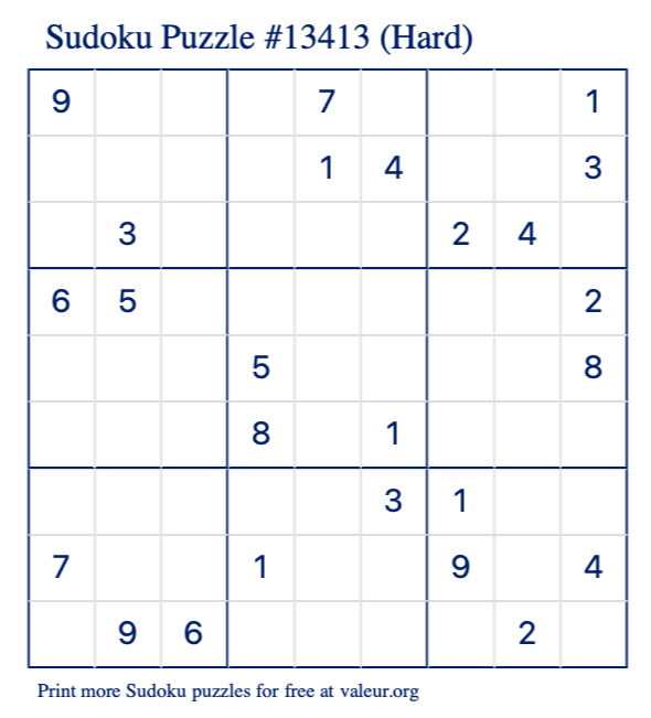 Free Printable Hard Sudoku Puzzle number 13413