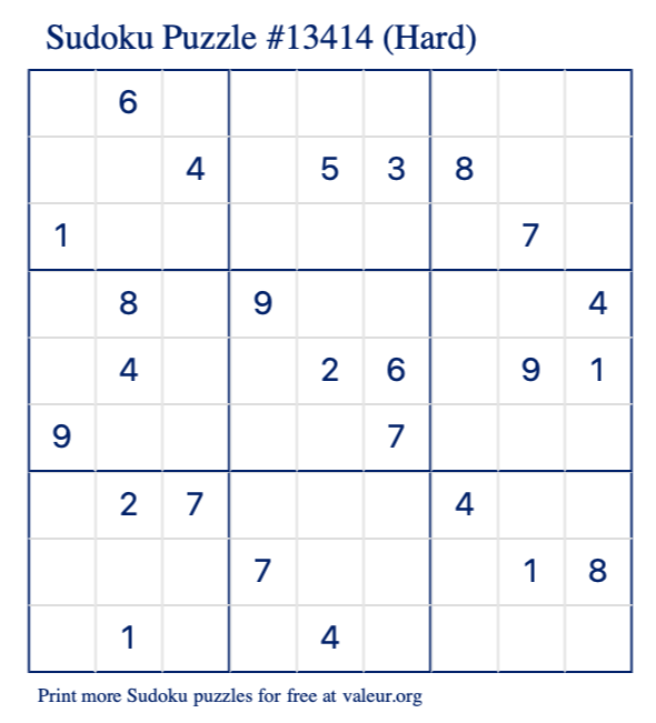 Free Printable Hard Sudoku Puzzle number 13414