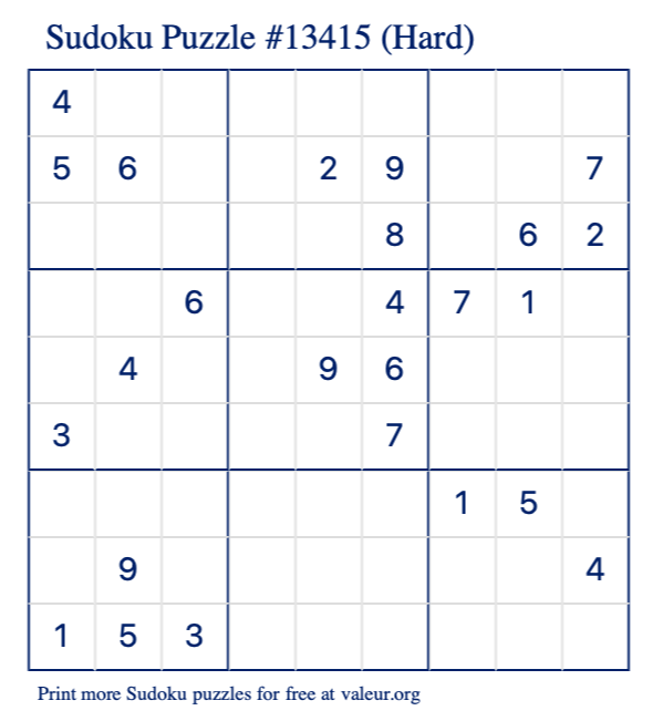 Free Printable Hard Sudoku Puzzle number 13415