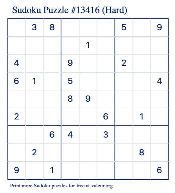 Free Printable Hard Sudoku Puzzle number 13416
