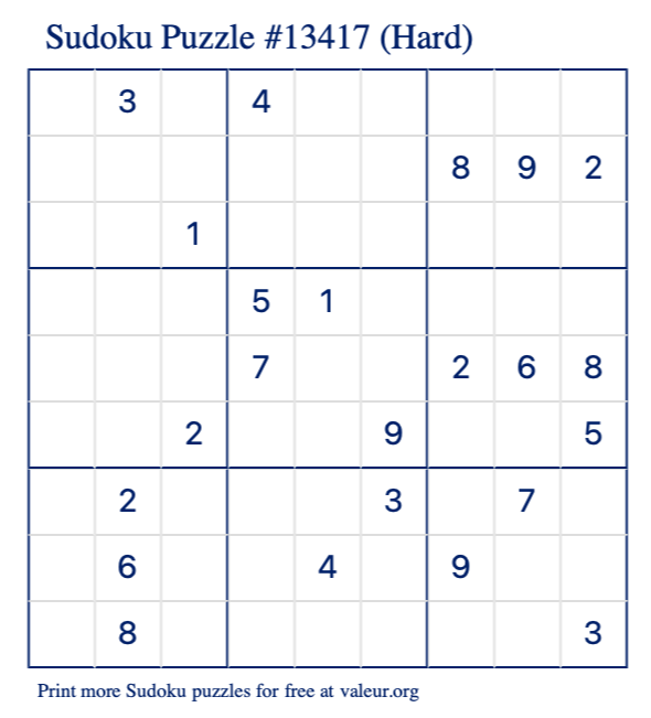 Free Printable Hard Sudoku Puzzle number 13417