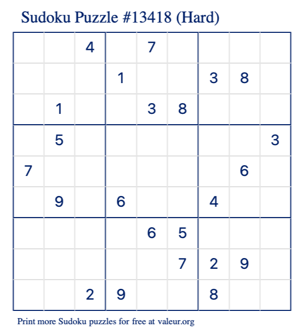 free printable hard sudoku with the answer 13418