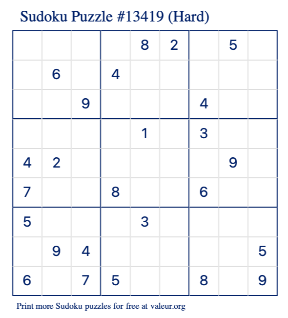Free Printable Hard Sudoku Puzzle number 13419