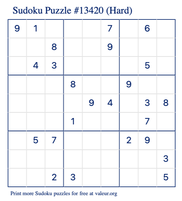 Free Printable Hard Sudoku Puzzle number 13420