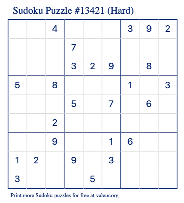 Free Printable Hard Sudoku Puzzle number 13421