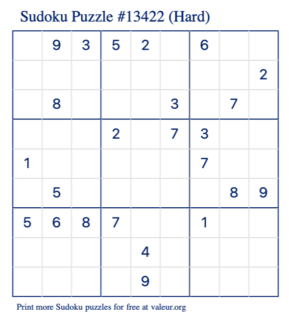 Free Printable Hard Sudoku Puzzle number 13422
