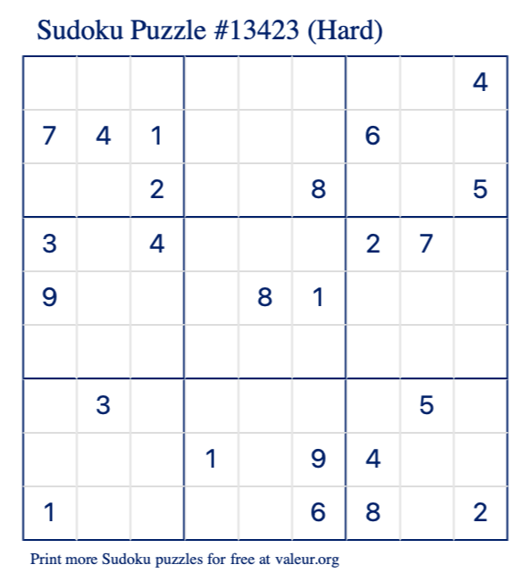 Free Printable Hard Sudoku Puzzle number 13423