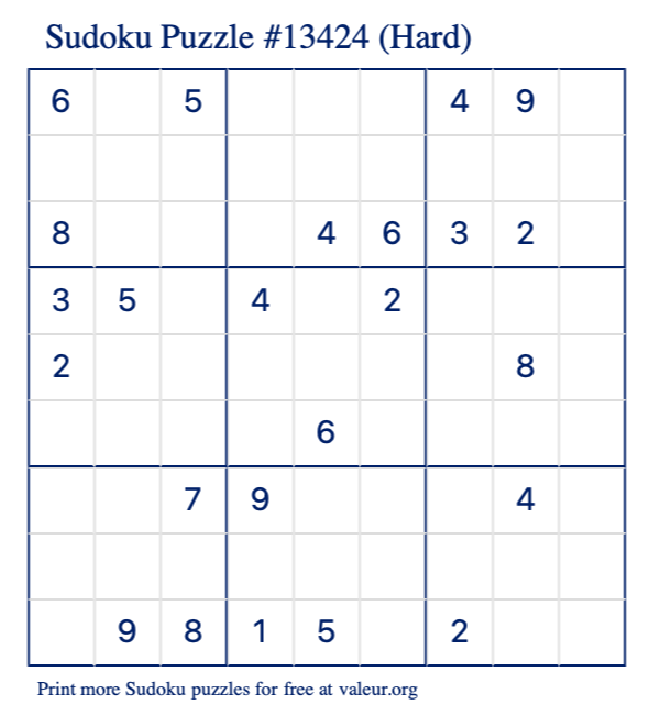 Free Printable Hard Sudoku Puzzle number 13424