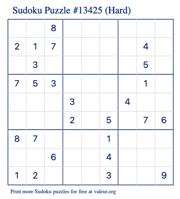 Free Printable Hard Sudoku Puzzle number 13425