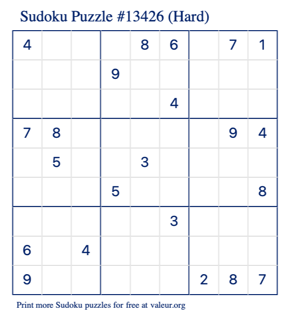 Free Printable Hard Sudoku Puzzle number 13426