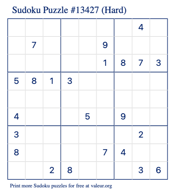 Free Printable Hard Sudoku Puzzle number 13427