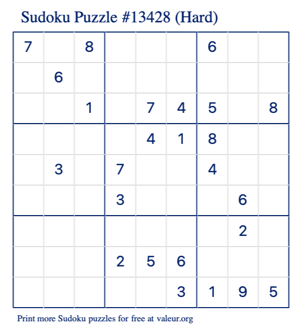 Free Printable Hard Sudoku Puzzle number 13428