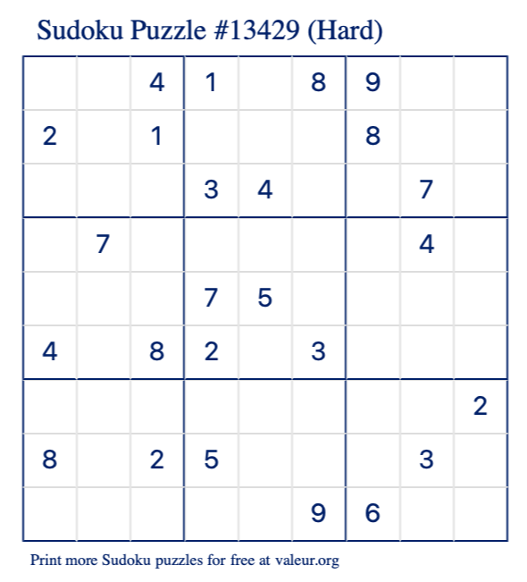 Free Printable Hard Sudoku Puzzle number 13429