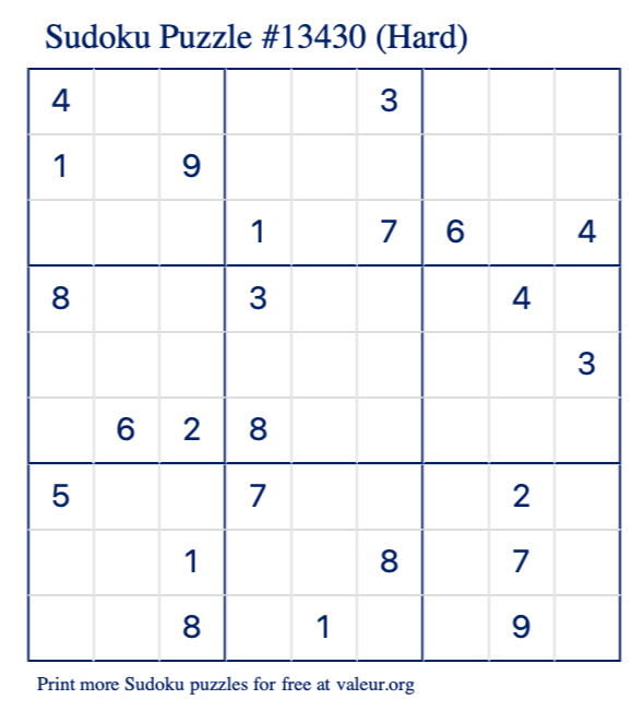 Free Printable Hard Sudoku Puzzle number 13430