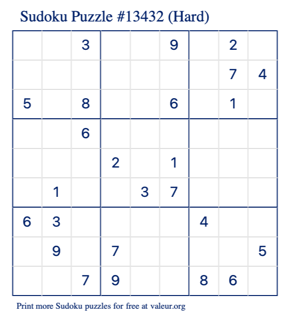 Free Printable Hard Sudoku Puzzle number 13432