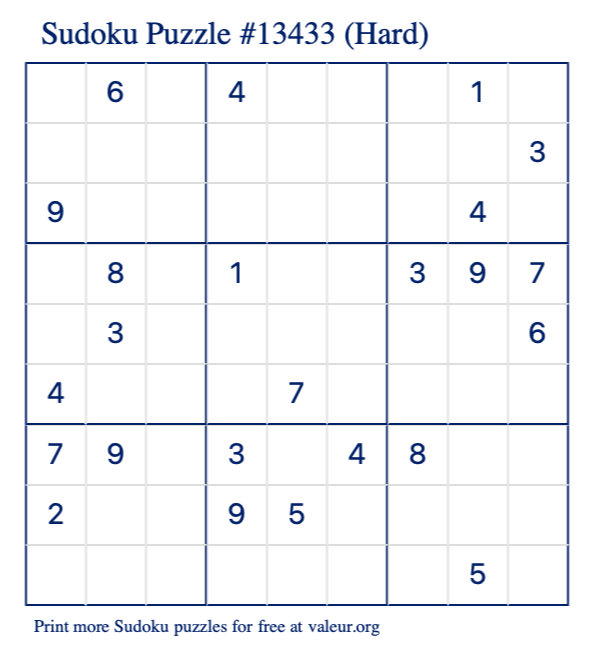 Free Printable Hard Sudoku Puzzle number 13433