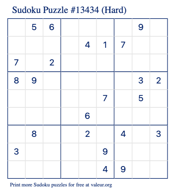 Free Printable Hard Sudoku Puzzle number 13434