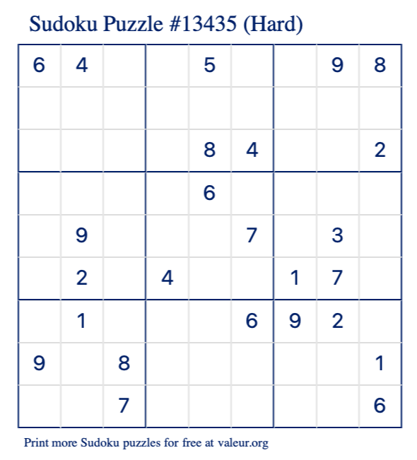 Free Printable Hard Sudoku Puzzle number 13435