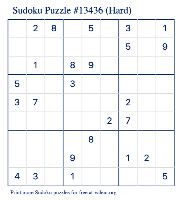 Free Printable Hard Sudoku Puzzle number 13436