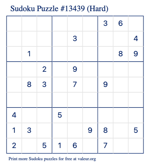 Free Printable Hard Sudoku Puzzle number 13439