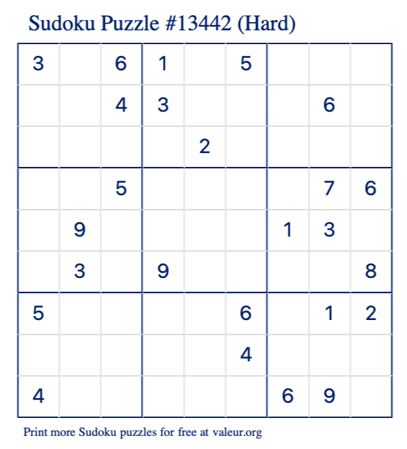 Free Printable Hard Sudoku Puzzle number 13442