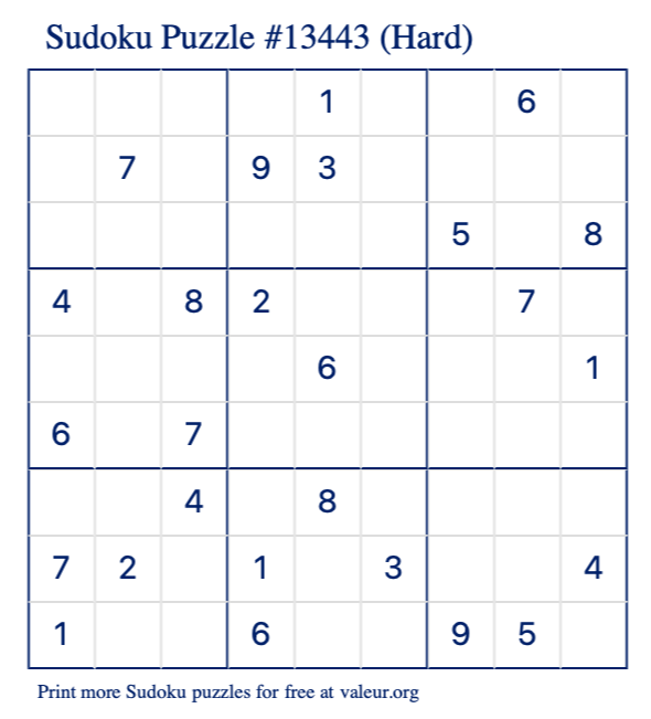 Free Printable Hard Sudoku Puzzle number 13443