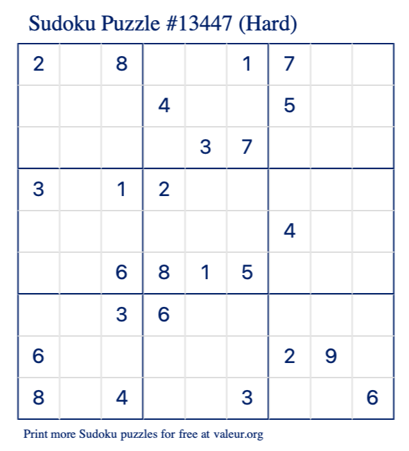 Free Printable Hard Sudoku Puzzle number 13447