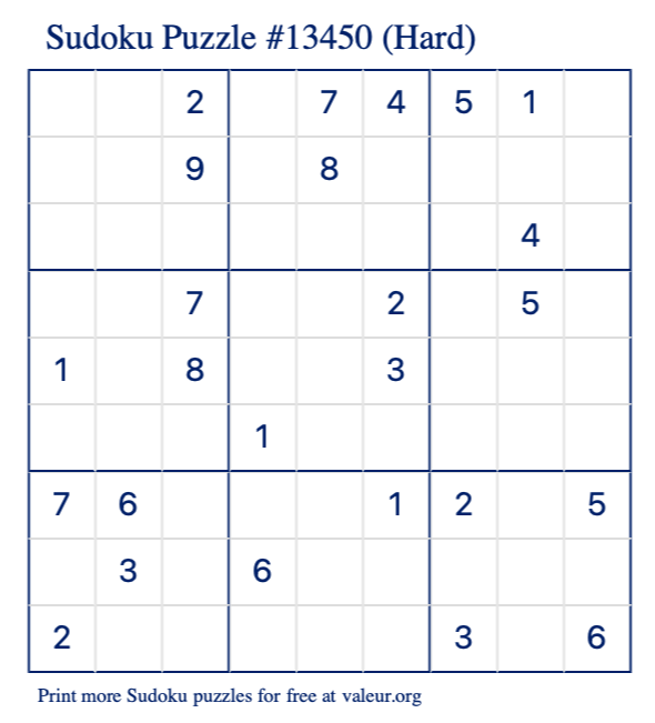 Free Printable Hard Sudoku Puzzle number 13450