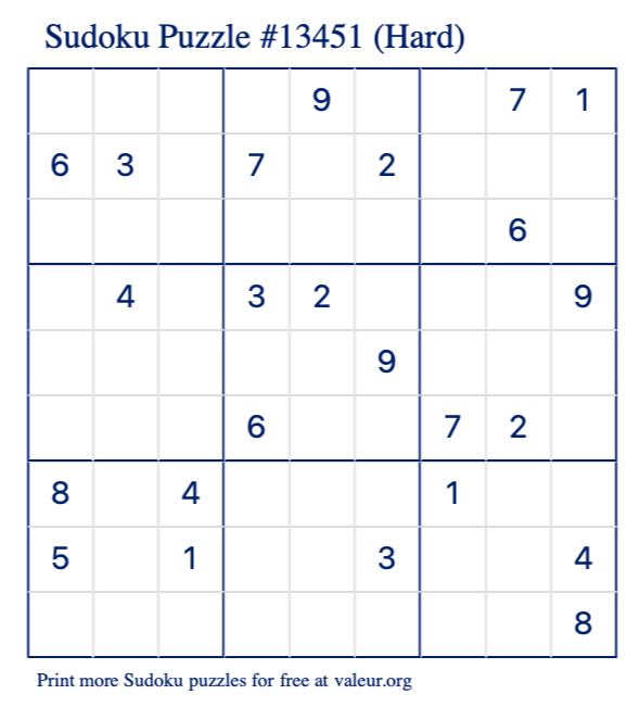 Free Printable Hard Sudoku Puzzle number 13451
