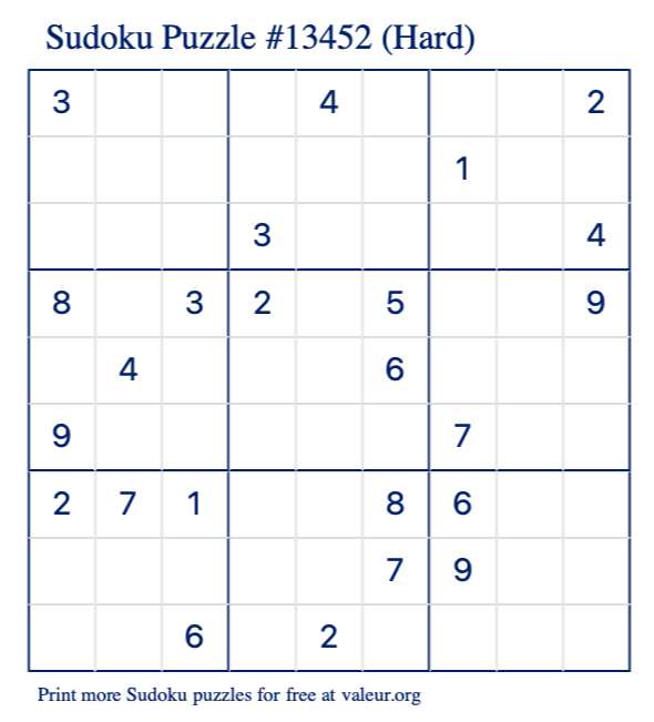 Free Printable Hard Sudoku Puzzle number 13452