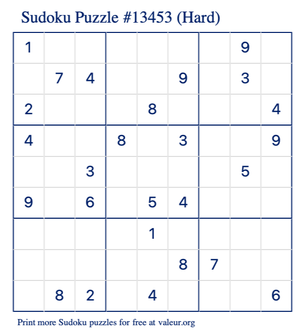 Free Printable Hard Sudoku Puzzle number 13453