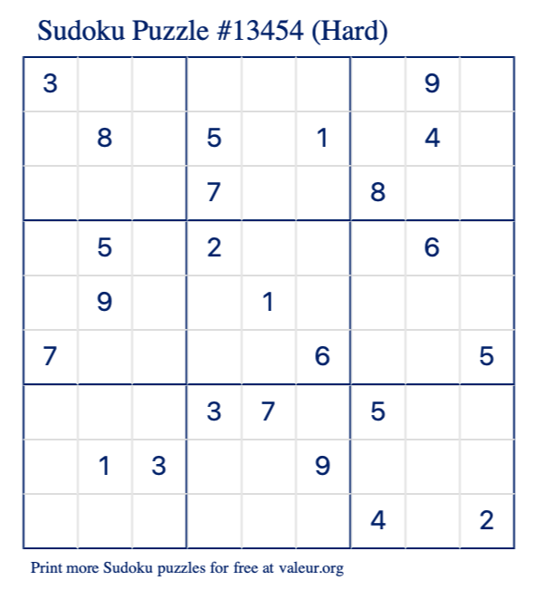 Free Printable Hard Sudoku Puzzle number 13454