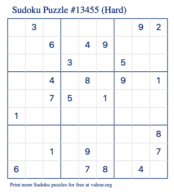 Free Printable Hard Sudoku Puzzle number 13455