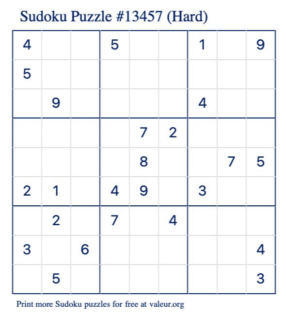 Free Printable Hard Sudoku Puzzle number 13457