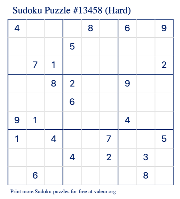 Free Printable Hard Sudoku Puzzle number 13458