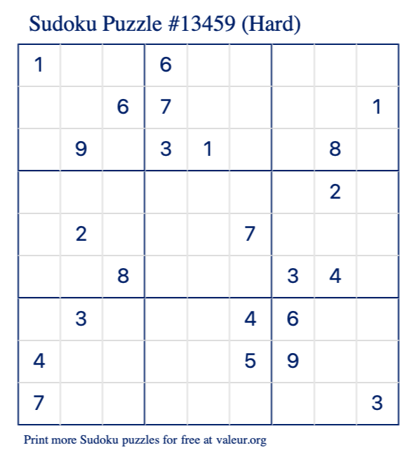 Free Printable Hard Sudoku Puzzle number 13459