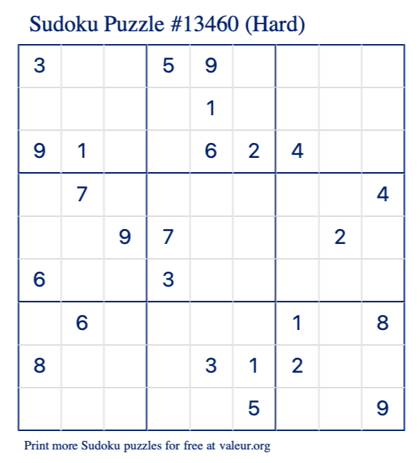 Free Printable Hard Sudoku Puzzle number 13460
