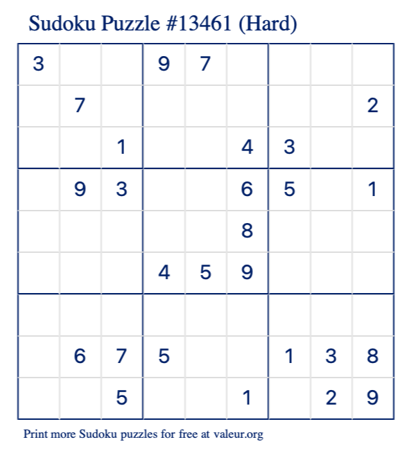 Free Printable Hard Sudoku Puzzle number 13461