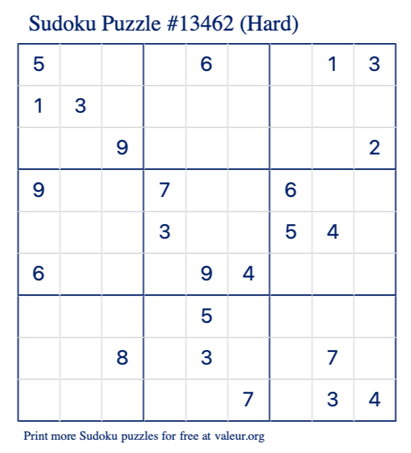 Free Printable Hard Sudoku Puzzle number 13462