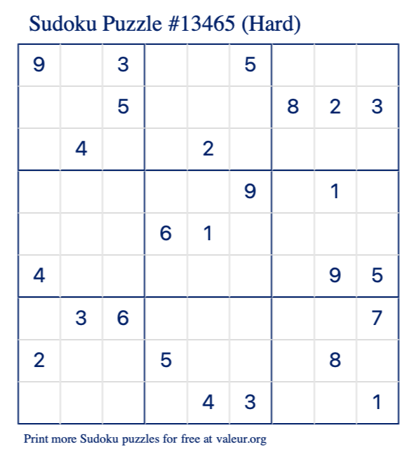 Free Printable Hard Sudoku Puzzle number 13465