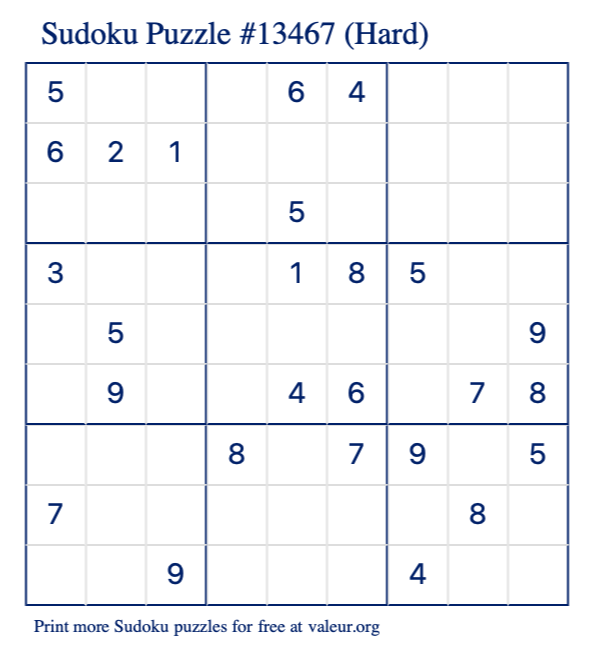 Free Printable Hard Sudoku Puzzle number 13467