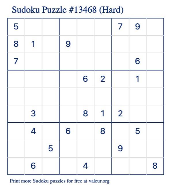 Free Printable Hard Sudoku Puzzle number 13468