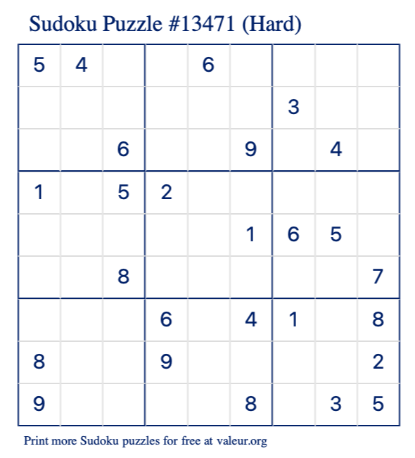 Free Printable Hard Sudoku Puzzle number 13471