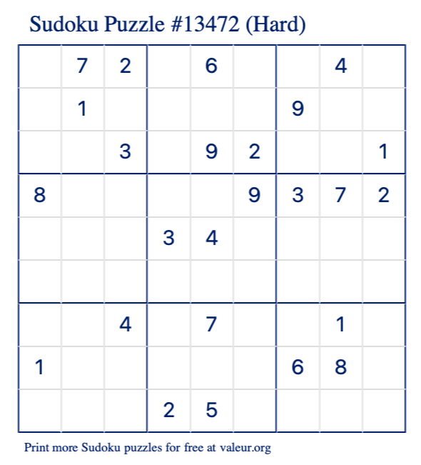 Free Printable Hard Sudoku Puzzle number 13472
