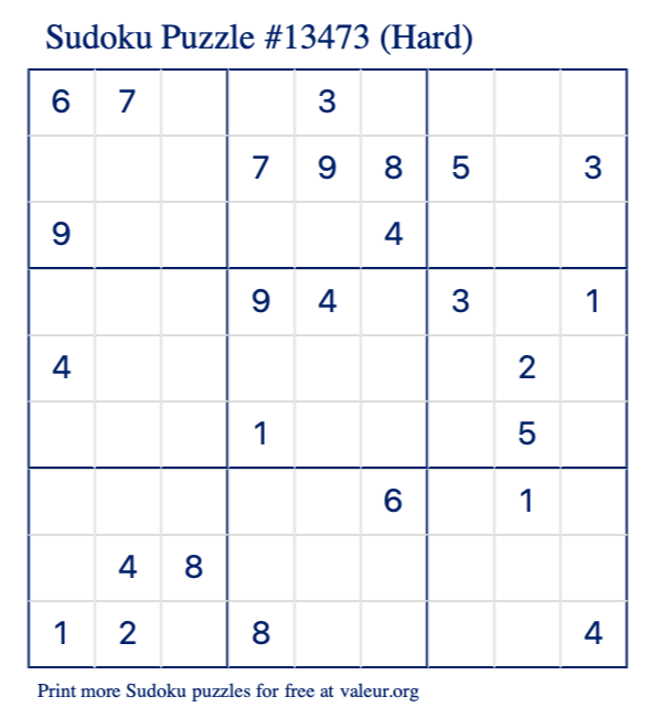Free Printable Hard Sudoku Puzzle number 13473