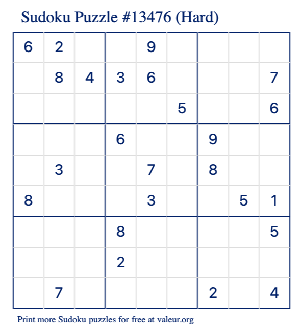 Free Printable Hard Sudoku Puzzle number 13476