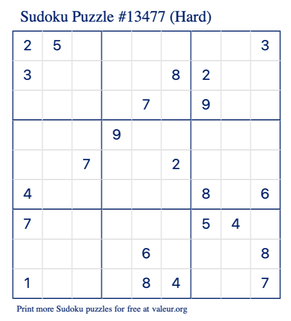 Free Printable Hard Sudoku Puzzle number 13477